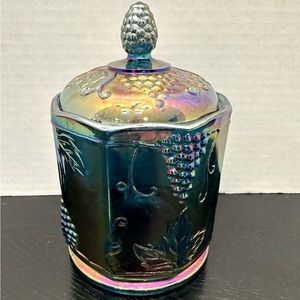 Vintage Indiana Glass Blue Iridescent Harvest Grape Covered Canister Cookie Jar